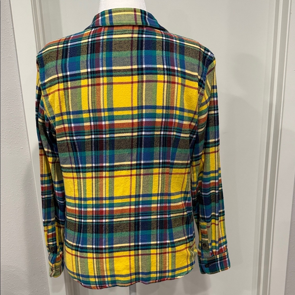 Chaps Plaid Flannel Shacket L Zip Up Cotton Jacket Yellow Green Blue EUC - Picture 5 of 9
